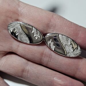 Vintage Swank Silver Tone Oval Textured Leaf Design Cufflinks